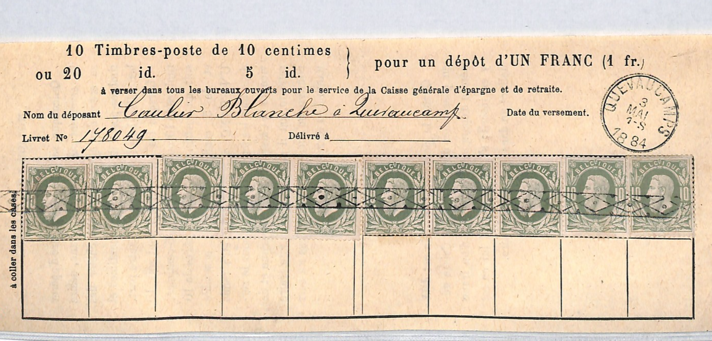 BELGIUM Revenue SAVINGS STAMP Document 1Fr Deposit 10c{10} 1884 Quevaucamps VM27