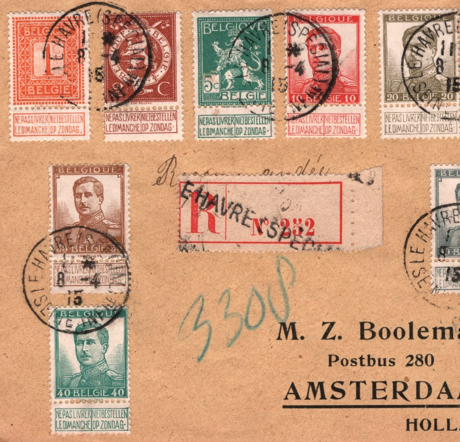 BELGIUM Tab Stamp USED FRANCE WW1 Cover *Le Havre* Registered 1915 Holland WO147 - Image 3