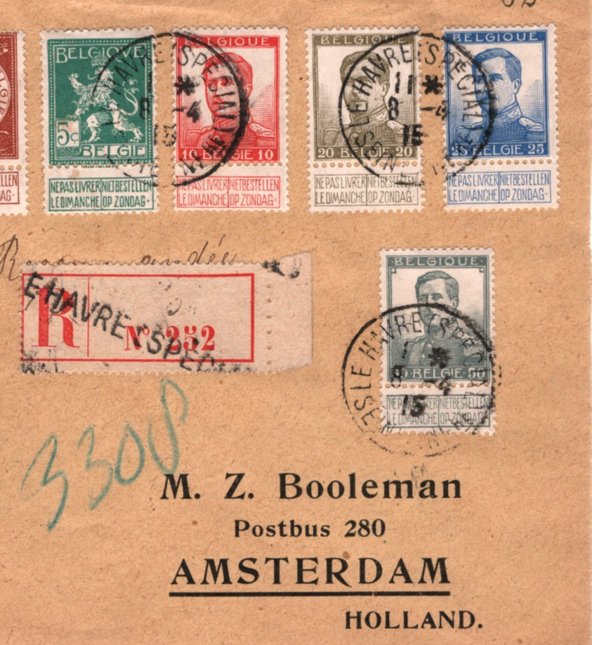 BELGIUM Tab Stamp USED FRANCE WW1 Cover *Le Havre* Registered 1915 Holland WO147 - Image 4