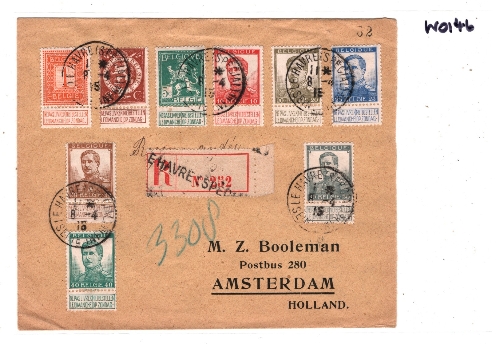 BELGIUM Tab Stamp USED FRANCE WW1 Cover *Le Havre* Registered 1915 Holland WO147 - Image 6