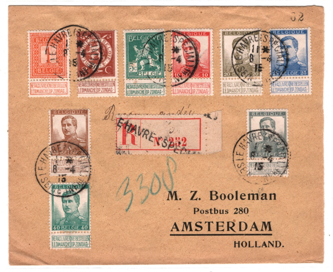BELGIUM Tab Stamp USED FRANCE WW1 Cover *Le Havre* Registered 1915 Holland WO147