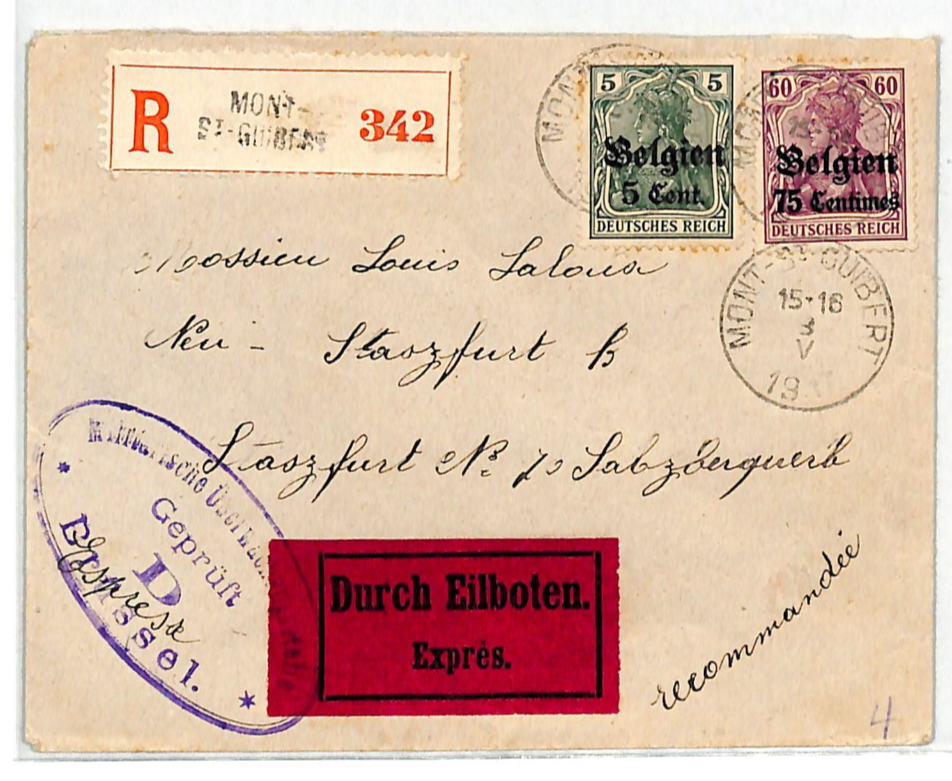BELGIUM WW1 GERMANY OCC *Belgien* Cover EXPRESS Mont St-Guibert Reg 1917 WV124 - Image 3