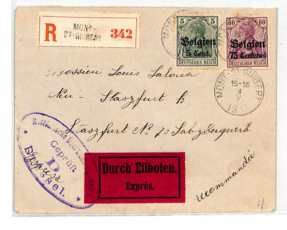 BELGIUM WW1 GERMANY OCC *Belgien* Cover EXPRESS Mont St-Guibert Reg 1917 WV124 - Image 6