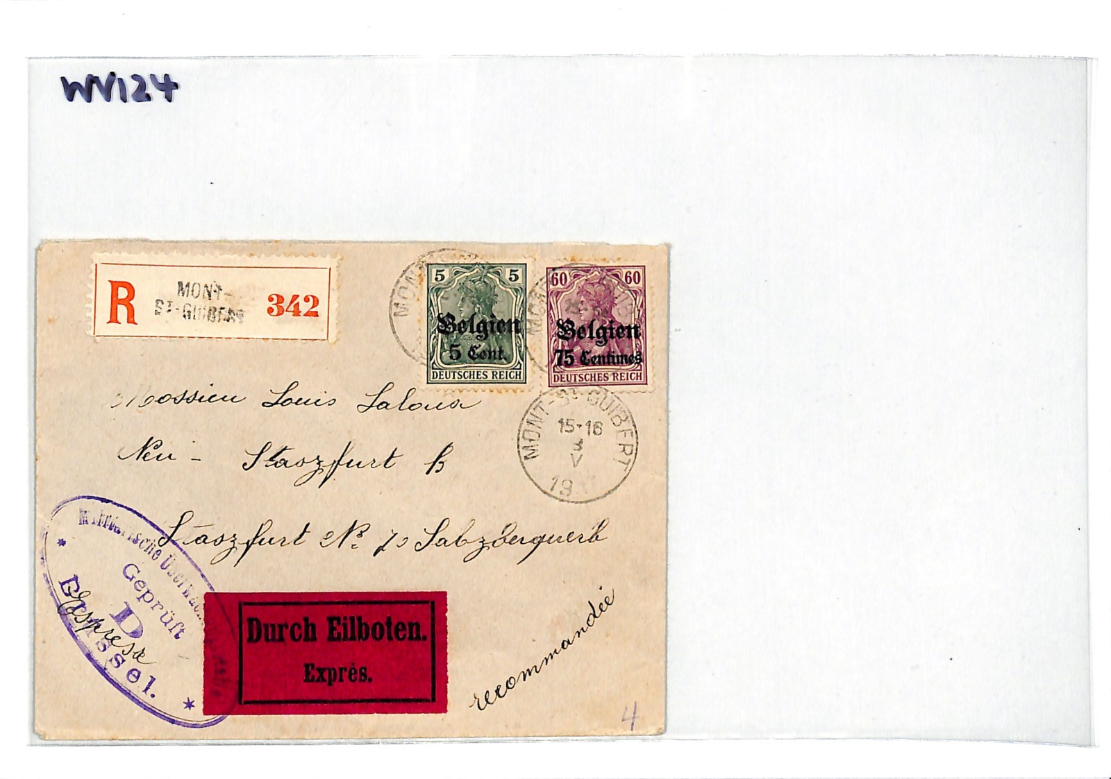 BELGIUM WW1 GERMANY OCC *Belgien* Cover EXPRESS Mont St-Guibert Reg 1917 WV124 - Image 9