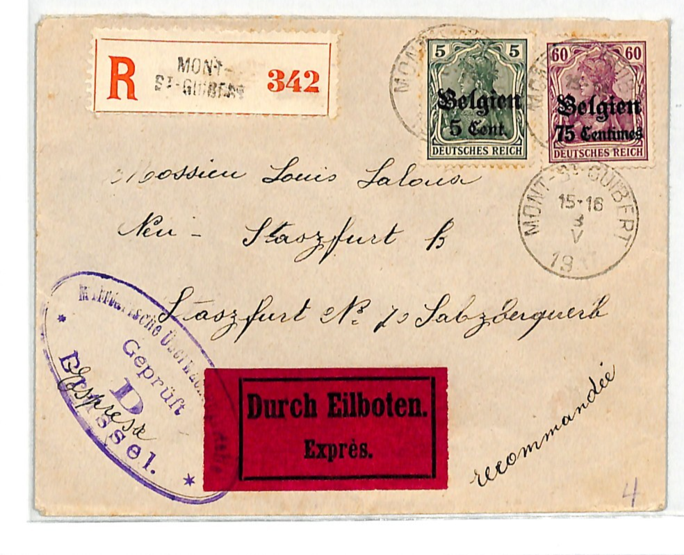 BELGIUM WW1 GERMANY OCC *Belgien* Cover EXPRESS Mont St-Guibert Reg 1917 WV124