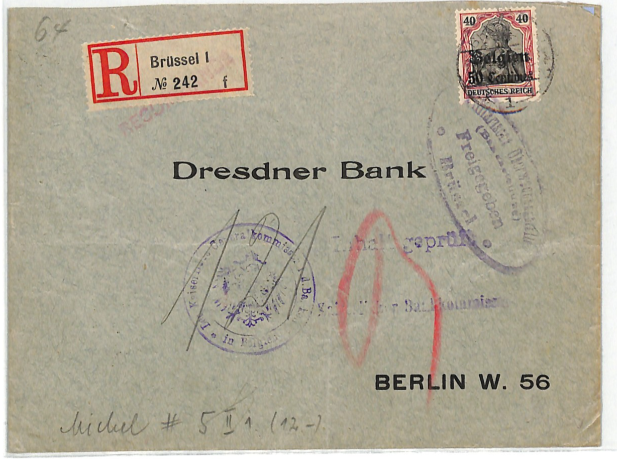BELGIUM WW1 GERMANY OCC *Belgien* O/p 50c Cover Brussels Reg 1916 Berlin WV120 - Image 2