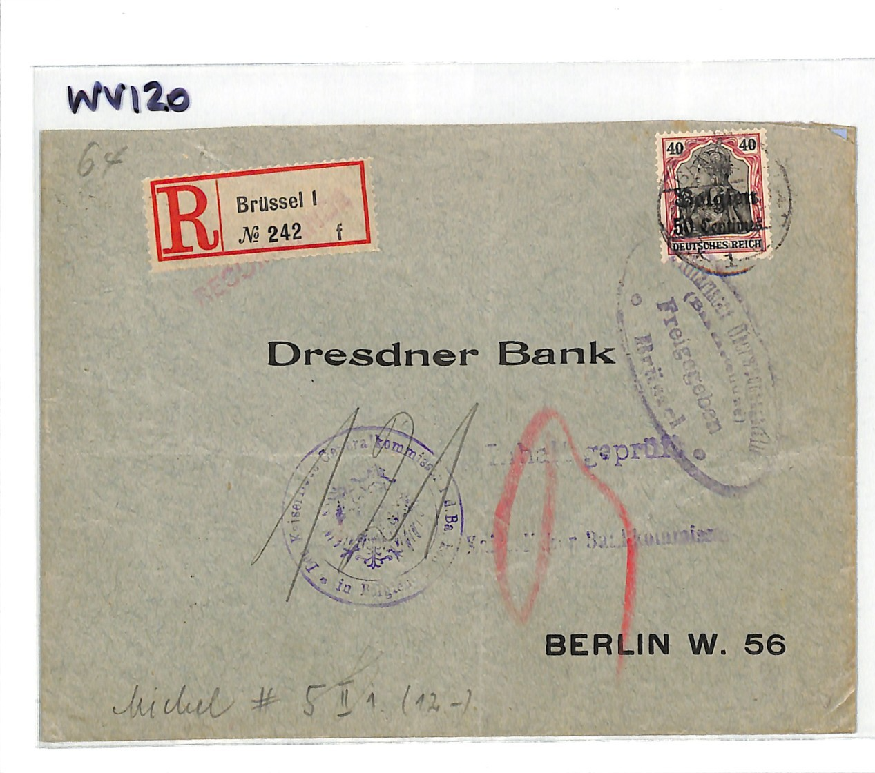 BELGIUM WW1 GERMANY OCC *Belgien* O/p 50c Cover Brussels Reg 1916 Berlin WV120 - Image 9