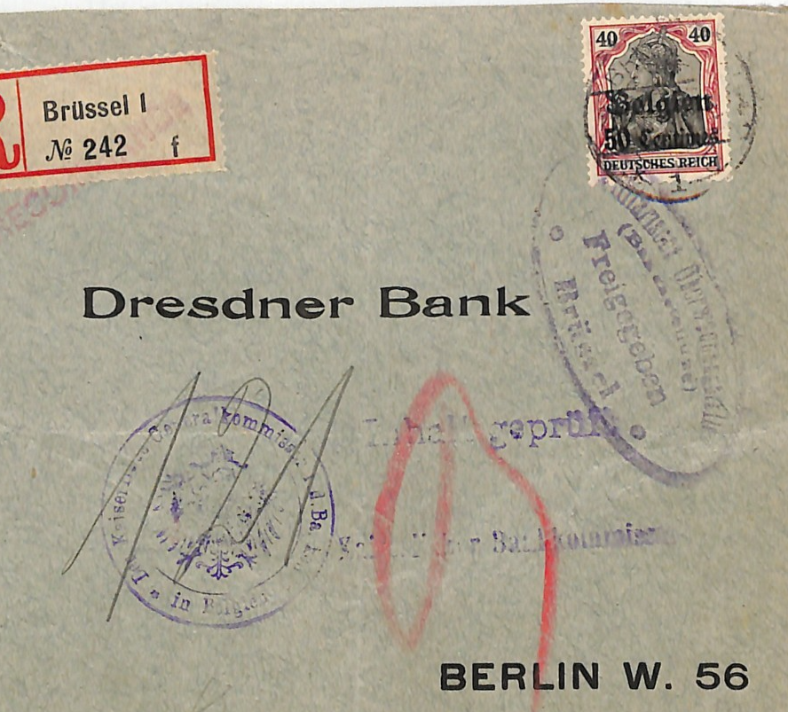 BELGIUM WW1 GERMANY OCC *Belgien* O/p 50c Cover Brussels Reg 1916 Berlin WV120