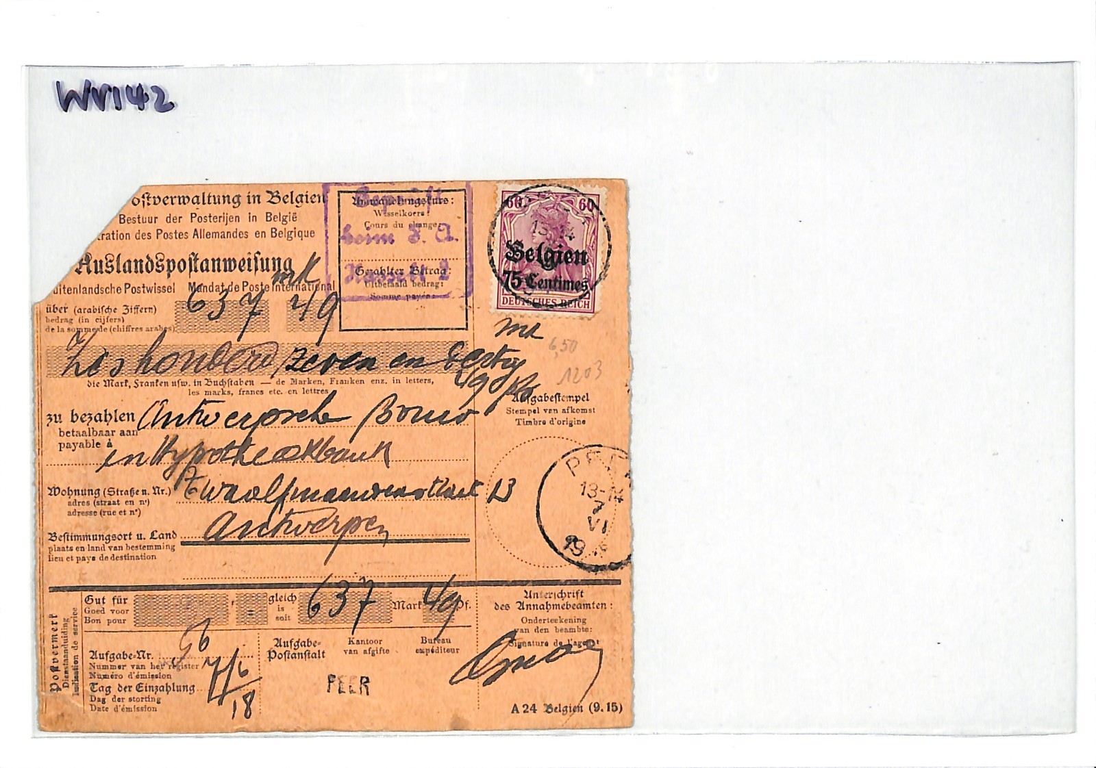 BELGIUM WW1 GERMANY OCC *Belgien* O/p 50c Parcel Post Card 1918 Cover WV142 - Image 5
