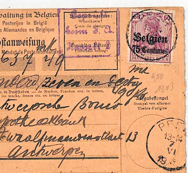 BELGIUM WW1 GERMANY OCC *Belgien* O/p 50c Parcel Post Card 1918 Cover WV142