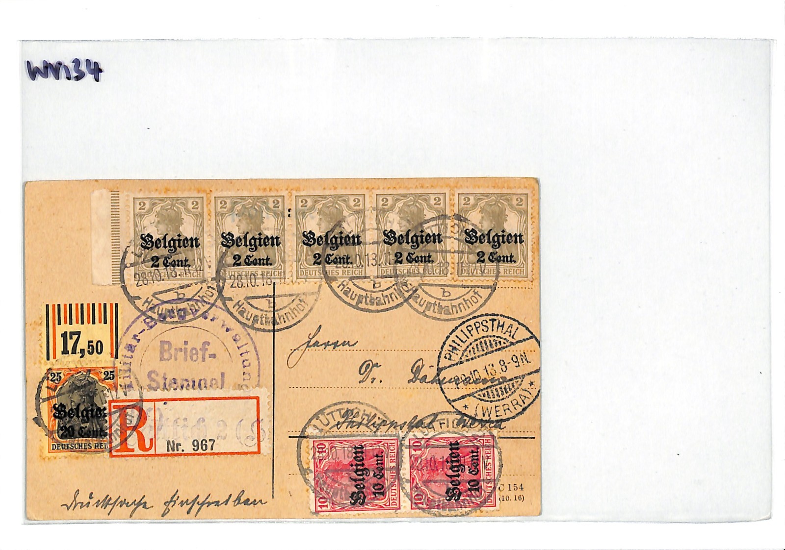 BELGIUM WW1 GERMANY OCC *Belgien* STRIP Liege Reg Card 1918 Philippsthal WV134 - Image 4