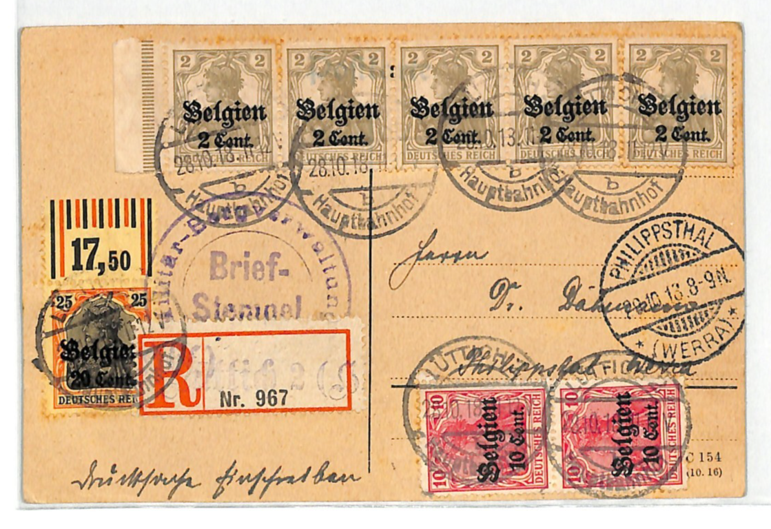 BELGIUM WW1 GERMANY OCC *Belgien* STRIP Liege Reg Card 1918 Philippsthal WV134