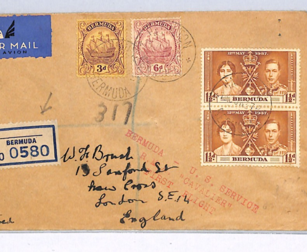BERMUDA Air Mail Cover RMA CAVALIER FIRST FLIGHT GB London Registered 1937 WX98