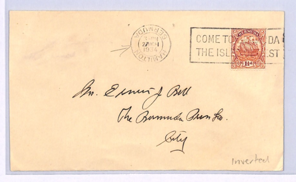 BERMUDA Cover INVERTED CDS/SLOGAN Error Hamilton 1934{samwells-covers}XW235