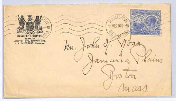 BERMUDA KGV Cover *Hamilton Hotel* ADVERT Crest 1921 USA Boston {samwells}WX103