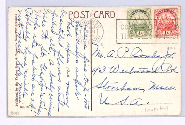 BERMUDA Postcard INVERTED CDS/SLOGAN Error Hamilton USA 1934{samwells}XW228