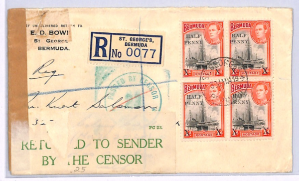 BERMUDA WW2 Cover CENSOR RETURNED Registered St Georges 1941{samwells}XW241