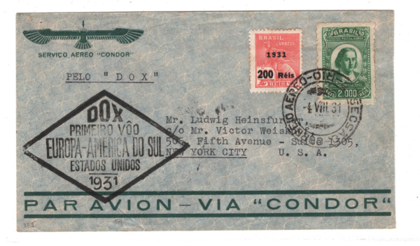 BRAZIL Air Mail Cover DORNIER *Do-X* FIRST FLIGHT Rio USA New York 1931 KZ270 - Image 3