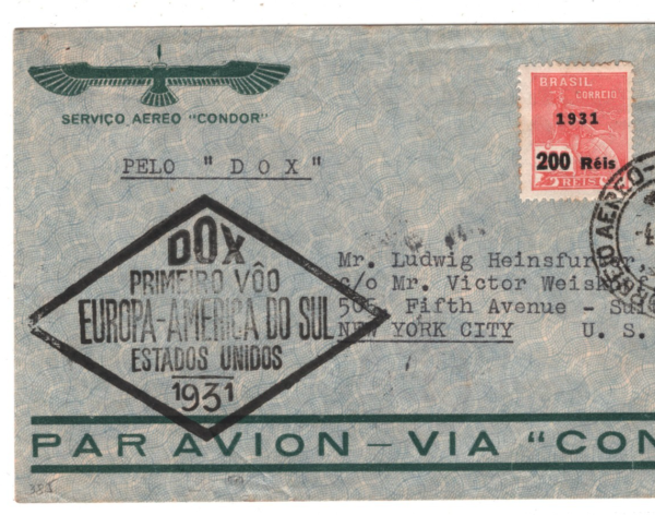 BRAZIL Air Mail Cover DORNIER *Do-X* FIRST FLIGHT Rio USA New York 1931 KZ270
