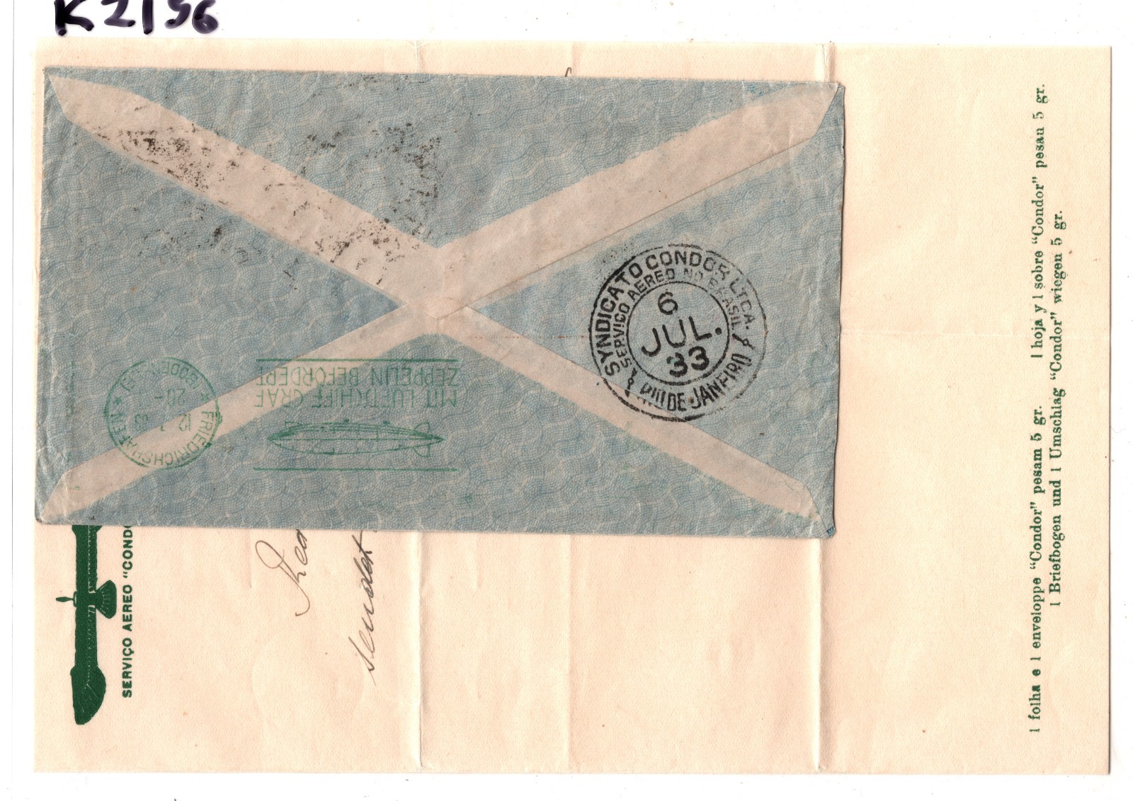 BRAZIL Air Mail GRAF ZEPPELIN 3000r Cover & Letter CONDOR 1933 Germany KZ196 - Image 5