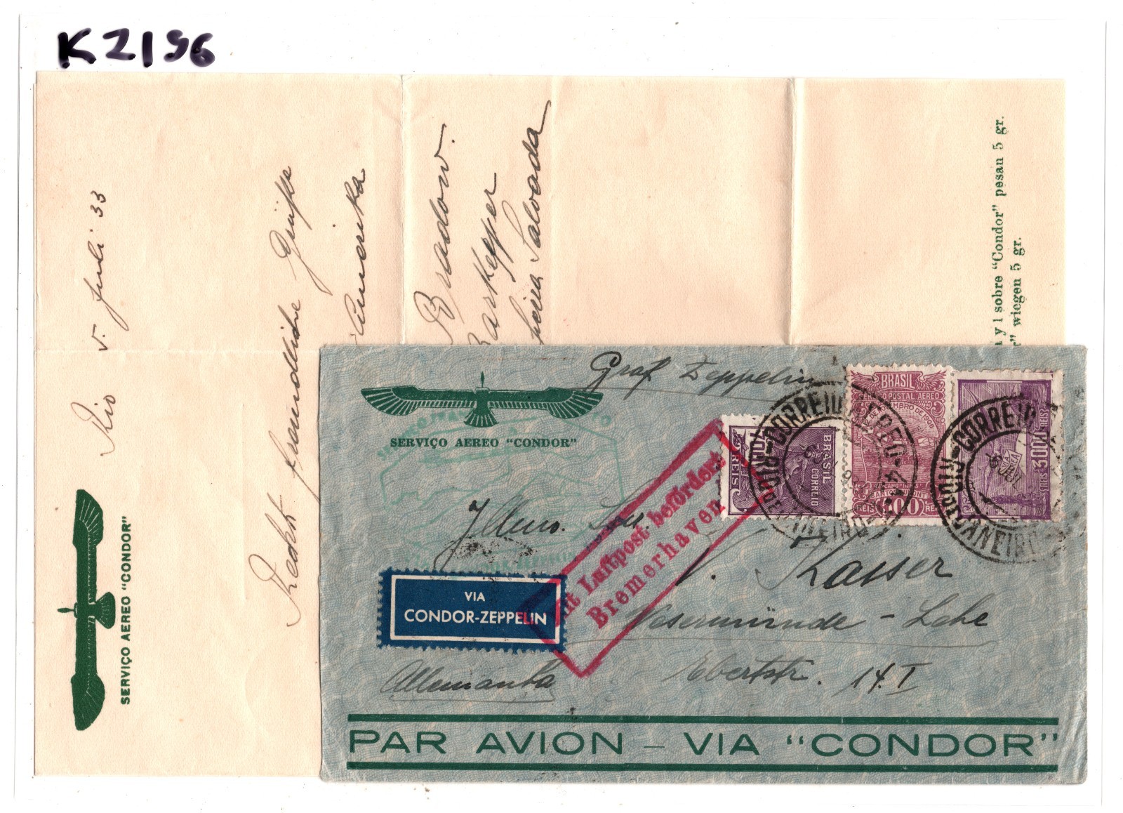 BRAZIL Air Mail GRAF ZEPPELIN 3000r Cover & Letter CONDOR 1933 Germany KZ196 - Image 6