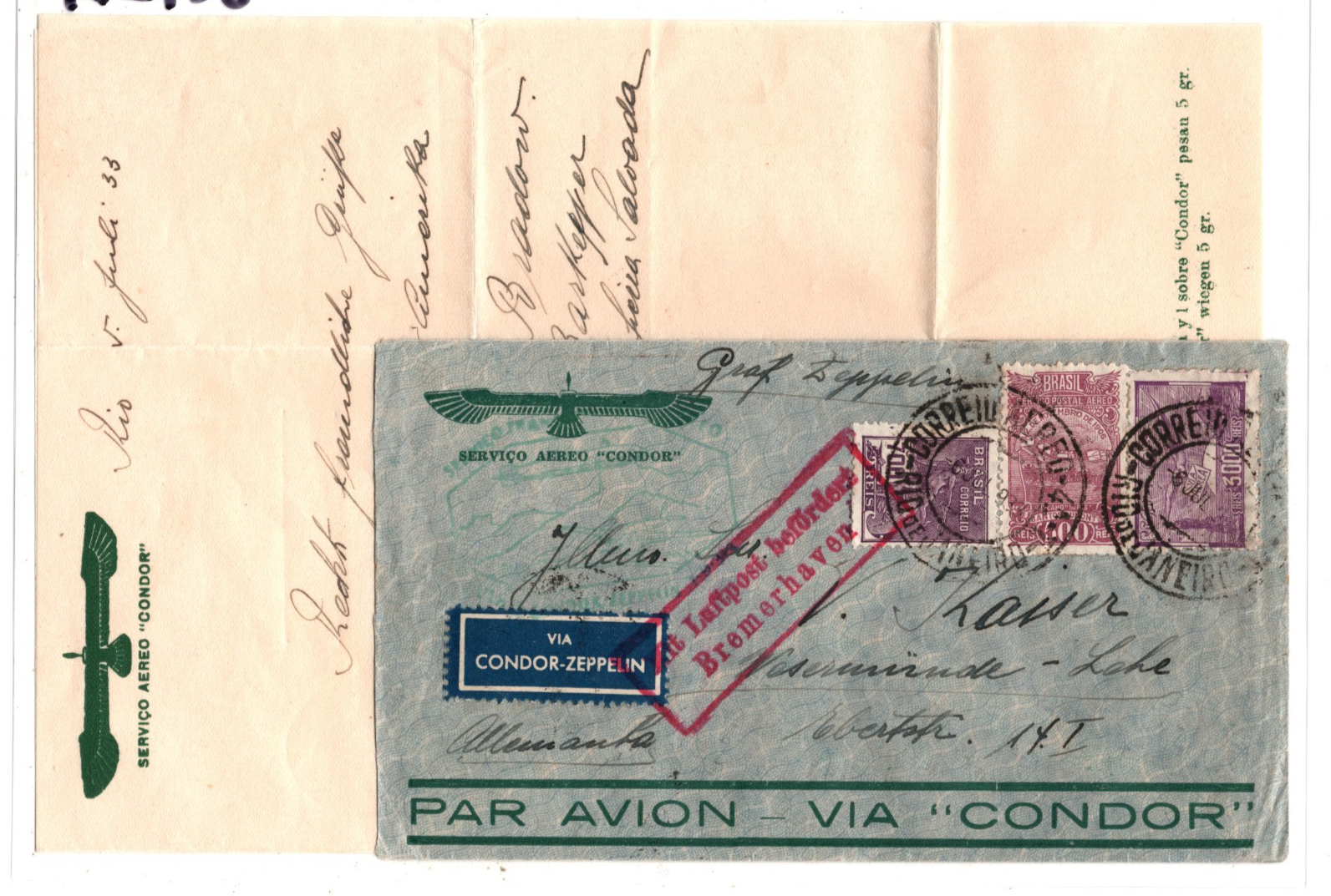 BRAZIL Air Mail GRAF ZEPPELIN 3000r Cover & Letter CONDOR 1933 Germany KZ196