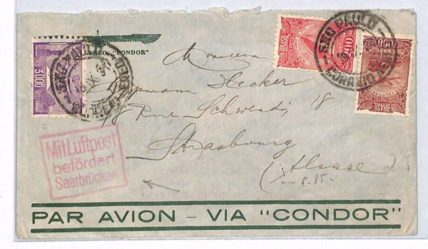 BRAZIL Cover GRAF ZEPPELIN 1931 Cover Strasbourg *SAARBRUCKEN* Air Transit YV209 - Image 3