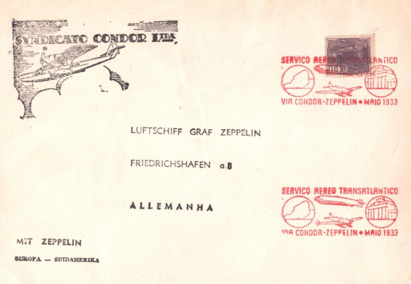 BRAZIL Cover ZEPPELIN/CONDOR Air 1933 *RED FLIGHT CACHET* Friedrichshafen MAX16