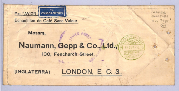 BRAZIL GRAF ZEPPELIN Air Mail Cover COFFEE SAMPLES GB London 1933 WT109