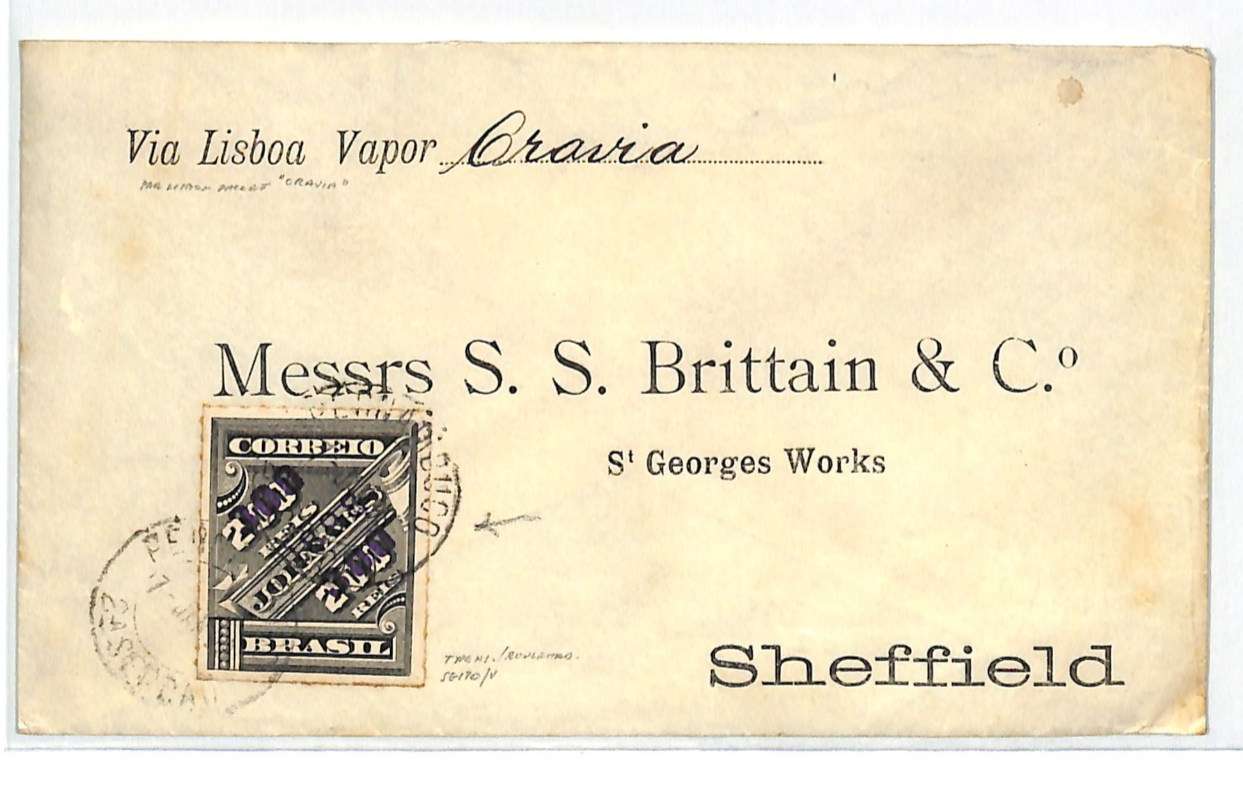 BRAZIL TRANSATLANTIC Cover 300r Surcharge 1898 Ship ORAVIA Lisbon Sheffield WS63 - Image 4