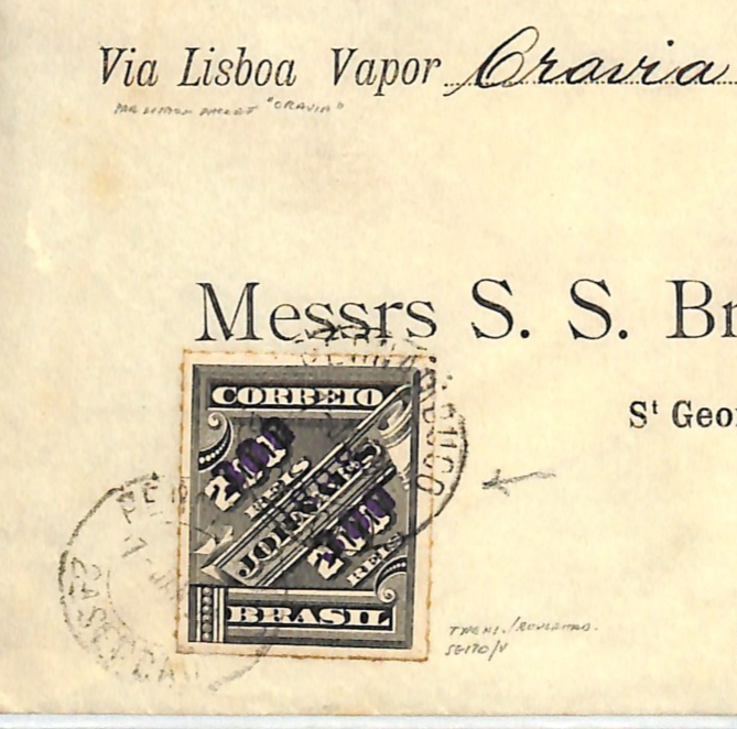 BRAZIL TRANSATLANTIC Cover 300r Surcharge 1898 Ship ORAVIA Lisbon Sheffield WS63 - Image 6