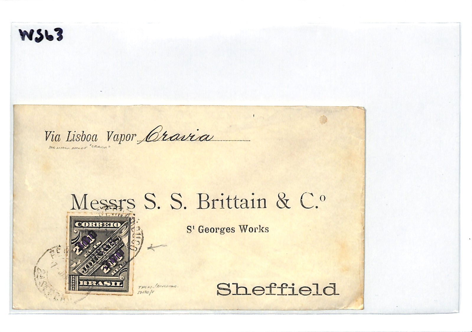 BRAZIL TRANSATLANTIC Cover 300r Surcharge 1898 Ship ORAVIA Lisbon Sheffield WS63 - Image 7
