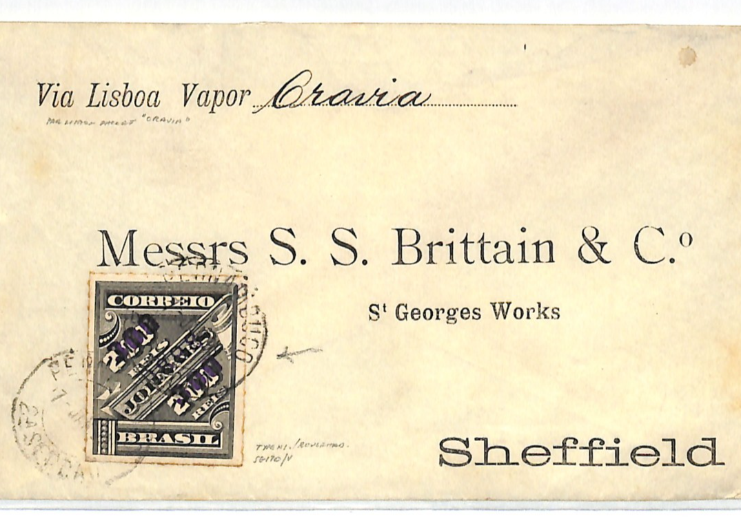 BRAZIL TRANSATLANTIC Cover 300r Surcharge 1898 Ship ORAVIA Lisbon Sheffield WS63