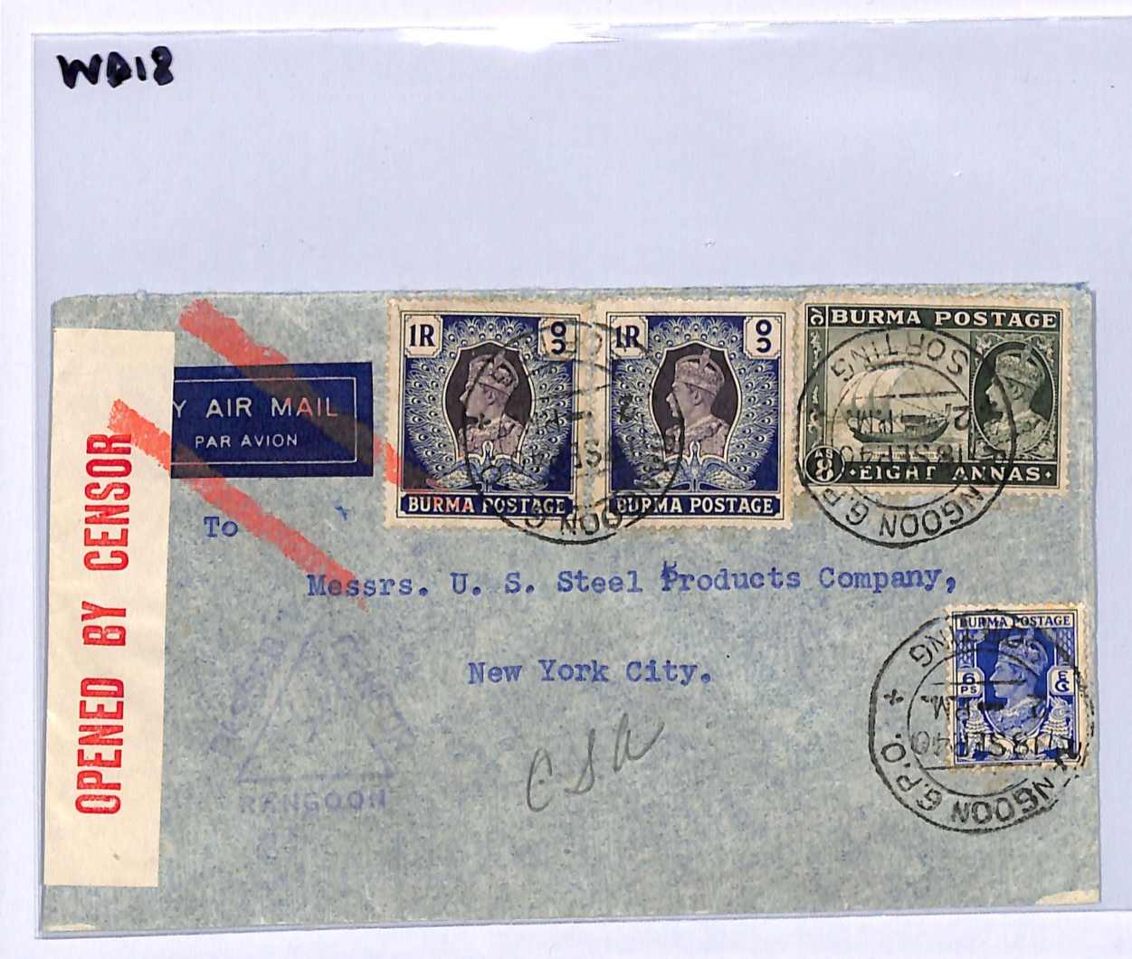 BURMA WW2 Air Mail DELETED Censor Cover 1r{2} High Value 1940 New York NYC WD18 - Image 6