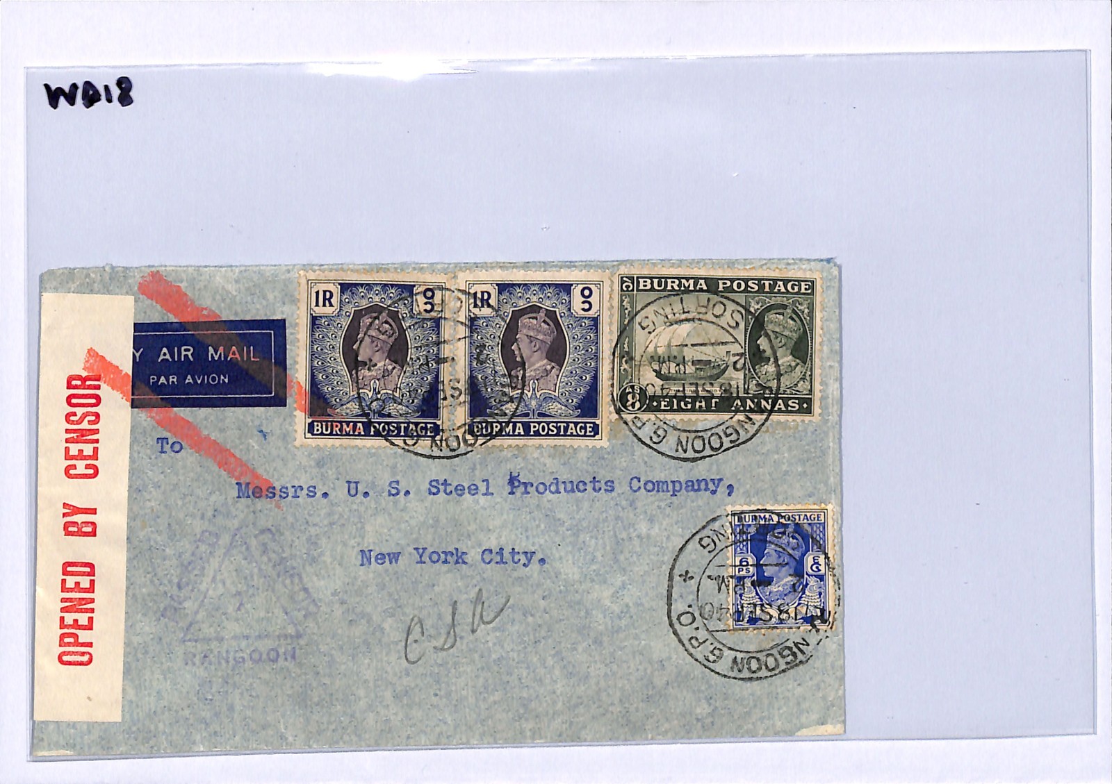 BURMA WW2 Air Mail DELETED Censor Cover 1r{2} High Value 1940 New York NYC WD18 - Image 8