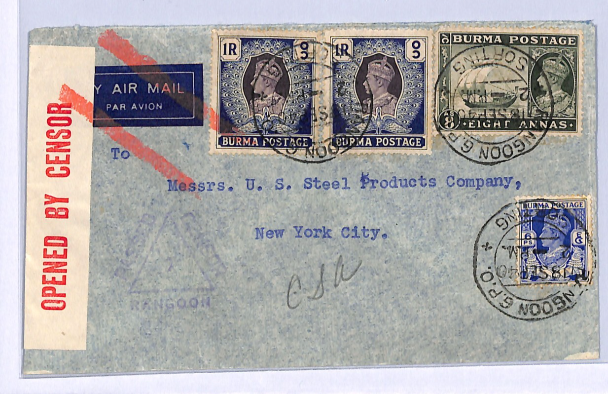 BURMA WW2 Air Mail DELETED Censor Cover 1r{2} High Value 1940 New York NYC WD18