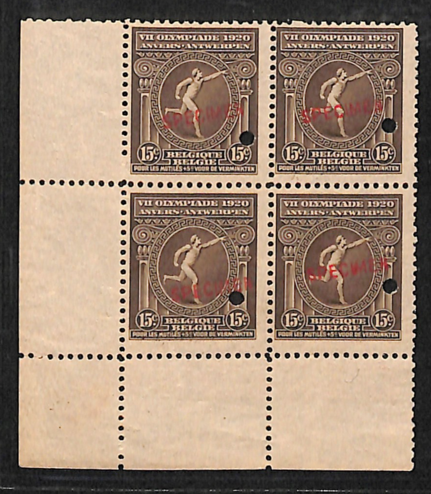 Belgium OLYMPIC GAMES 1920 ANTWERP 15c *SPECIMEN* Stamps Block{4} Mint MM VS113