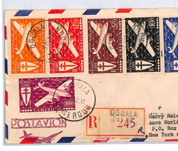 CAMEROON 1947 Cover FRANCE LIBRE Airmail HIGH VALUES Set (1942) AEROPLANES YH247
