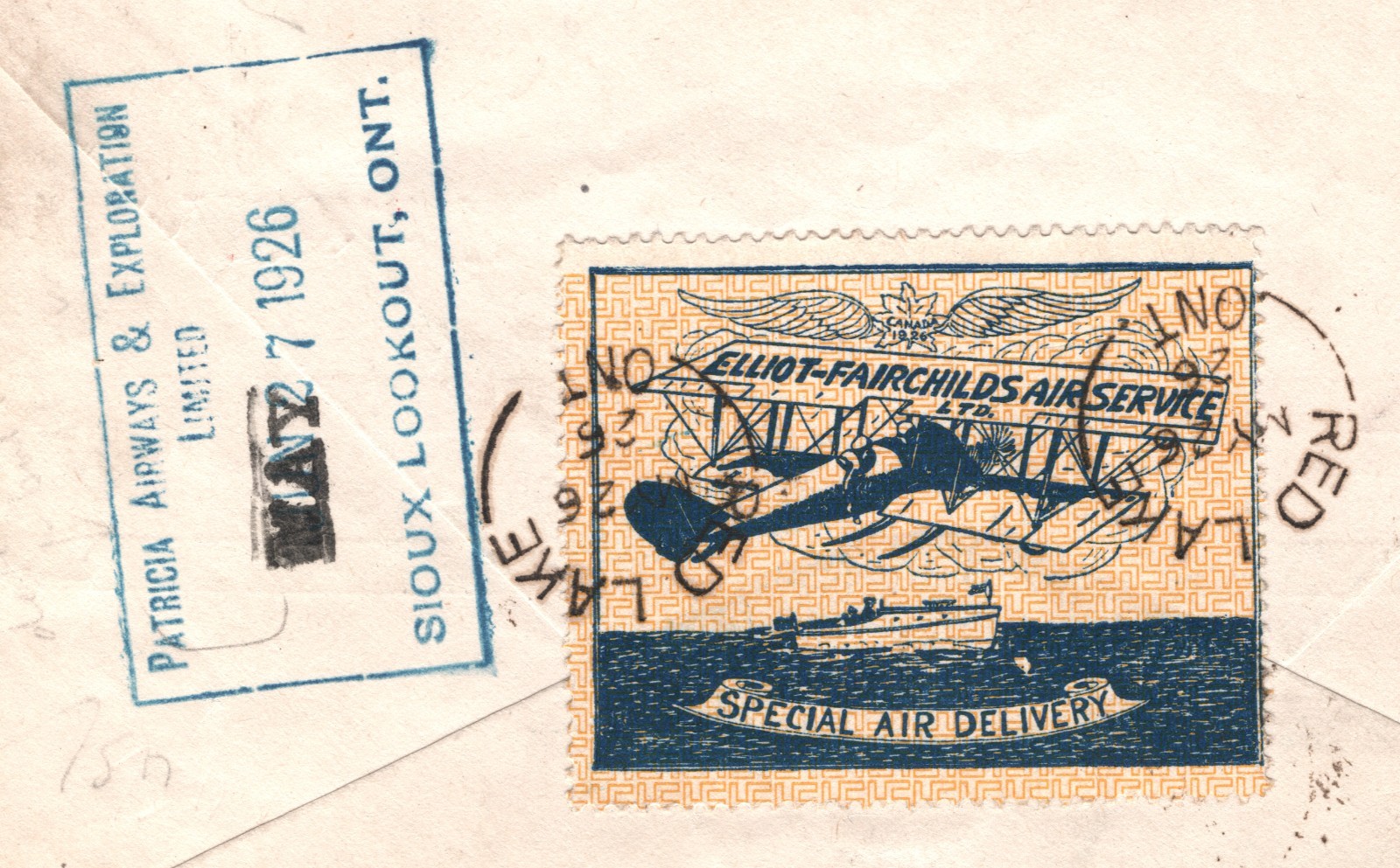 CANADA Air 1926 Cover ELLIOT-FAIRCHILD Stamp PATRICIA Date ERROR CORRECTED YH333