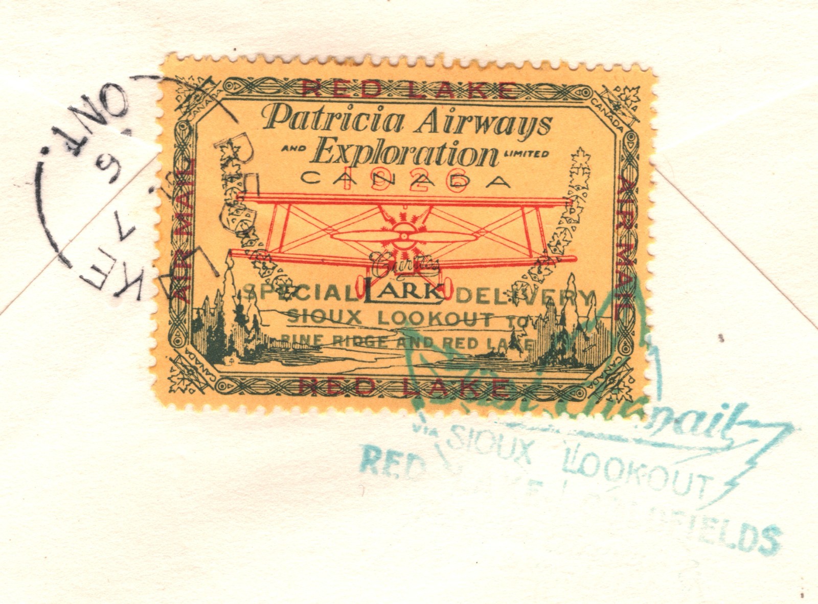 CANADA Air Mail 1926 Cover *PATRICIA AIRWAYS* (25c) Sioux Lookout-Red Lake YH332 - Image 3