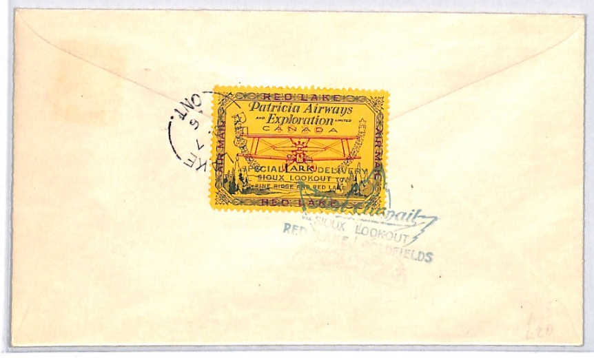 CANADA Air Mail 1926 Cover *PATRICIA AIRWAYS* (25c) Sioux Lookout-Red Lake YH332 - Image 5