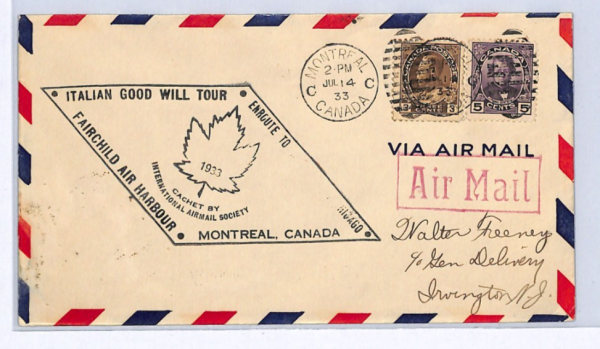 CANADA Air Mail 1933 Cover *ITALIAN GOOD WILL TOUR* Montreal Fairchild XW365 - Image 3