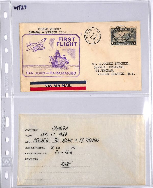 CANADA Air Mail Cover FIRST FLIGHT US VIRGIN ISLANDS-PUERTO RICO 1929 WT27 - Image 4