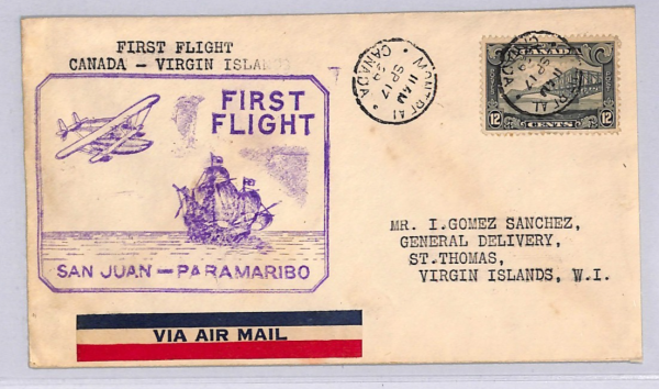 CANADA Air Mail Cover FIRST FLIGHT US VIRGIN ISLANDS-PUERTO RICO 1929 WT27