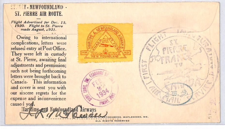 CANADA Cover INTERRUPTED 1931 NEWFOUNDLAND Airways FRANCE Retour 1934 YH335 - Image 3