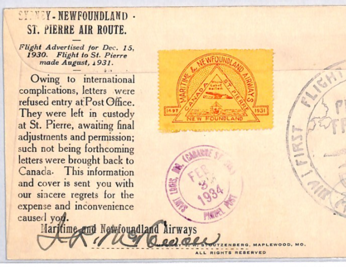 CANADA Cover INTERRUPTED 1931 NEWFOUNDLAND Airways FRANCE Retour 1934 YH335