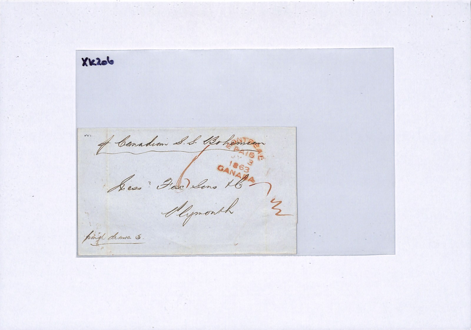 CANADA/GB TRANSATLANTIC Cover 1863 *MONTREAL* ARC Plymouth Ship BOHEMIAN XK206 - Image 4