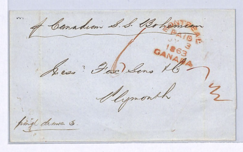 CANADA/GB TRANSATLANTIC Cover 1863 *MONTREAL* ARC Plymouth Ship BOHEMIAN XK206