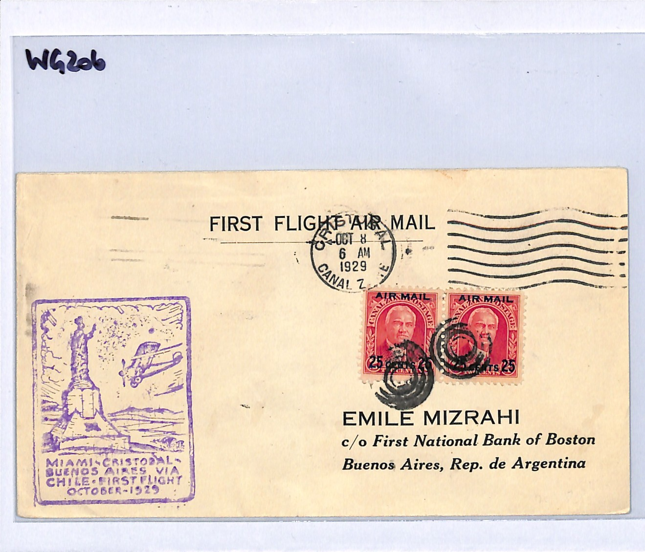 CANAL ZONE USA Air Mail Cover FIRST FLIGHT *ARGENTINA* 1929 Buenos Aires WG206 - Image 7