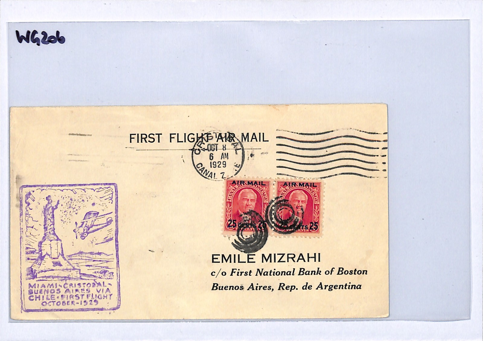 CANAL ZONE USA Air Mail Cover FIRST FLIGHT *ARGENTINA* 1929 Buenos Aires WG206 - Image 9